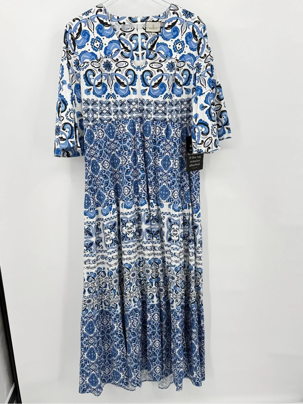 Tuckernuck Blue Majolica Tile Ginger Maxi Dress Flutter Sleeve Tiered XL NEW - Picture 5 of 15